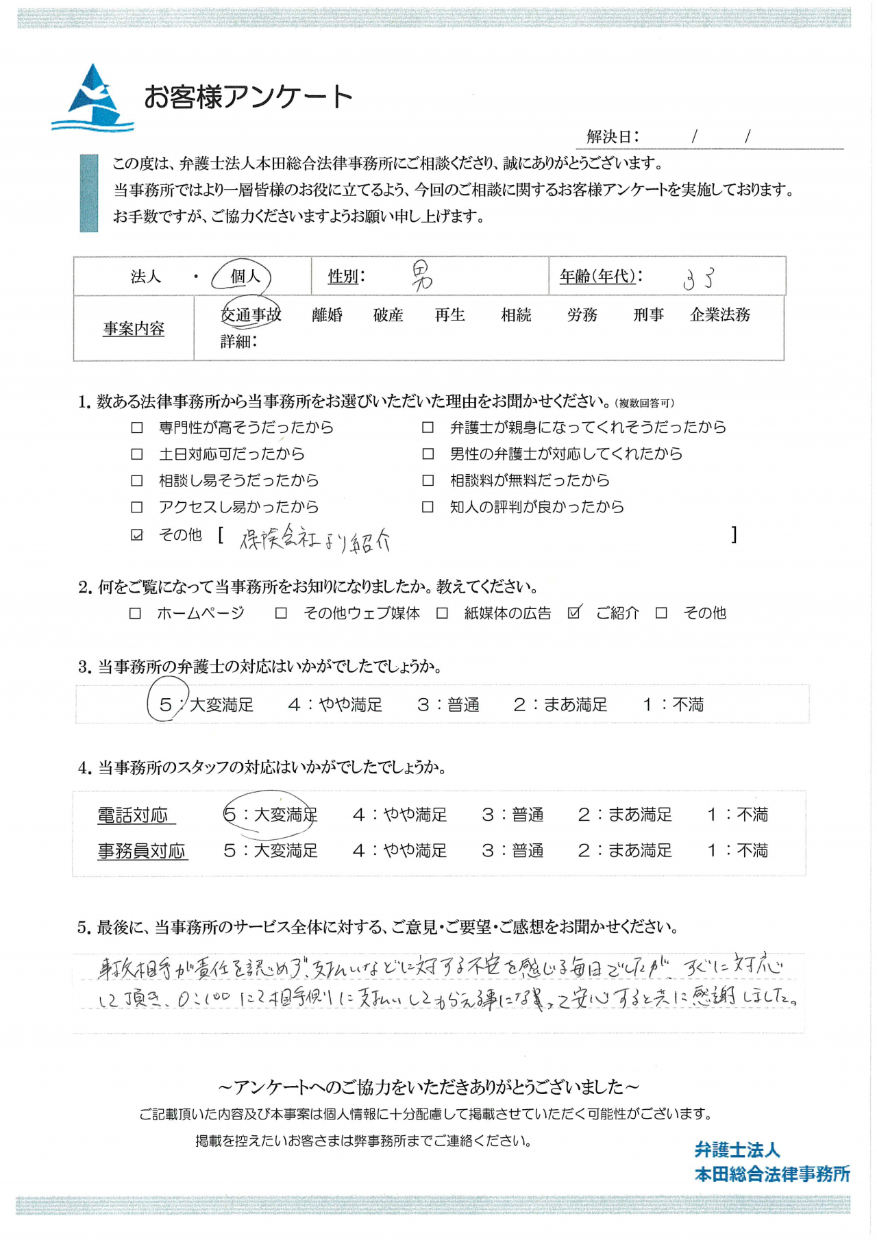 相手が責任を認めず不安でしたが、すぐに対応して頂いた結果、賠償に応じてくれることとなりました。