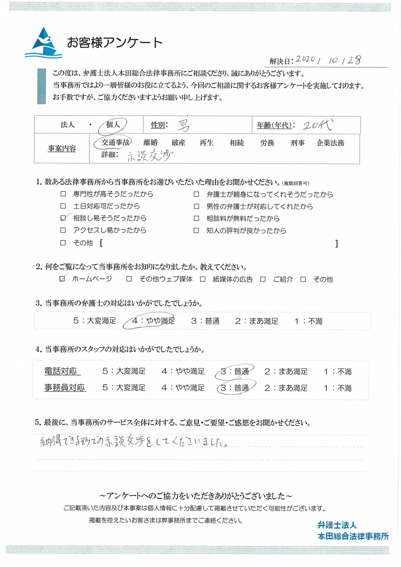 示談交渉で納得できる結果になりました。