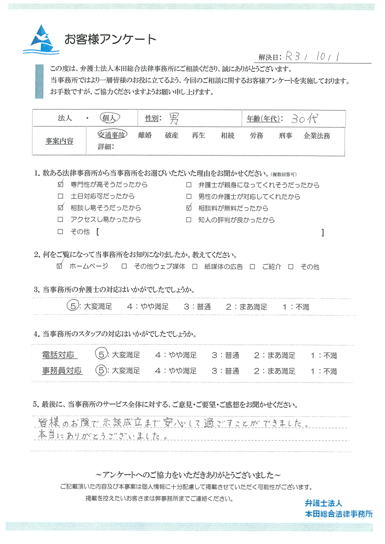 示談成立まで安心して過ごすことができました。